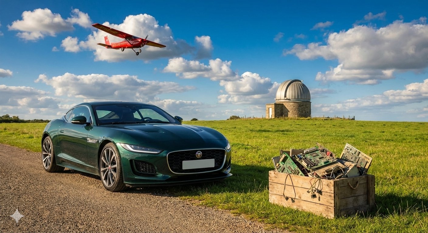 A picture showing the car, the observatory and the electronics — all featured on this website